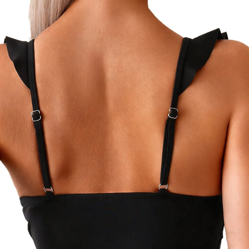Sexy Women Lingerie Bikini Crop Top Ruffle Bikinis V Neck Strap Back Swimsuit Solid Black Two Piece Swimsuit
