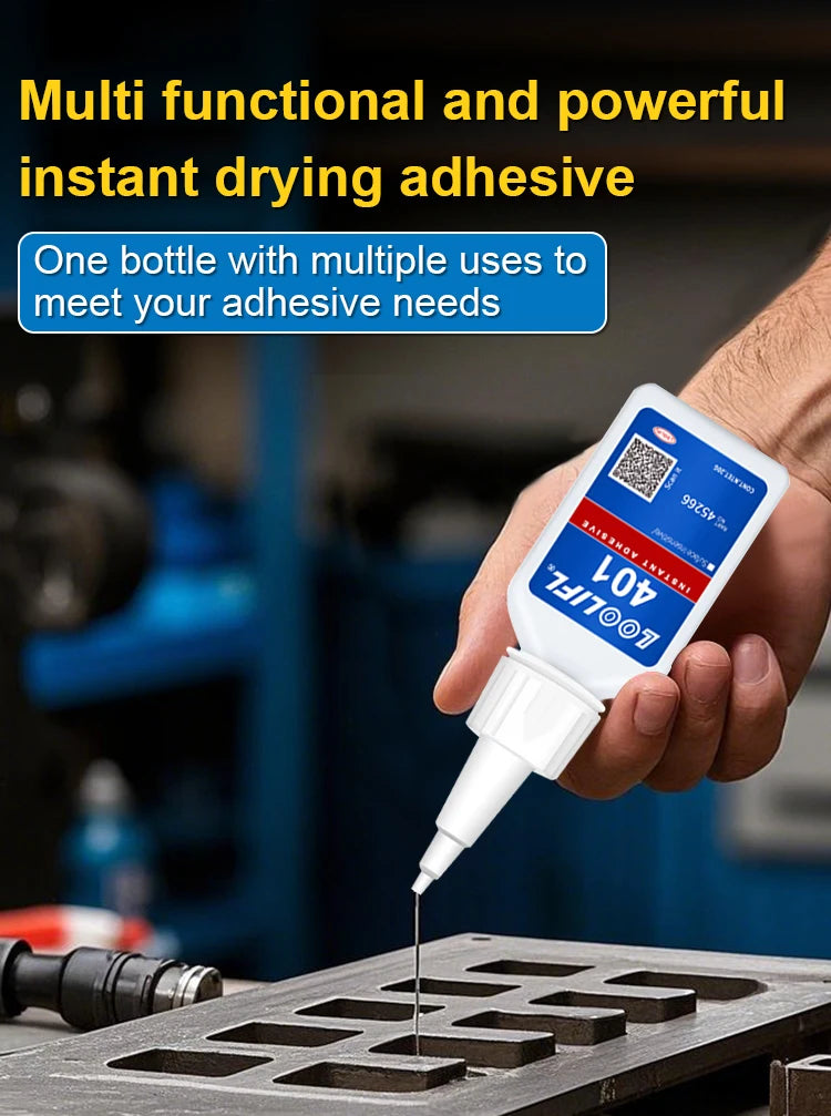 Brand-new upgraded 401 super cyanoacrylate glue, instant drying in 5 seconds, waterproof, stable and versatile bonding tool.