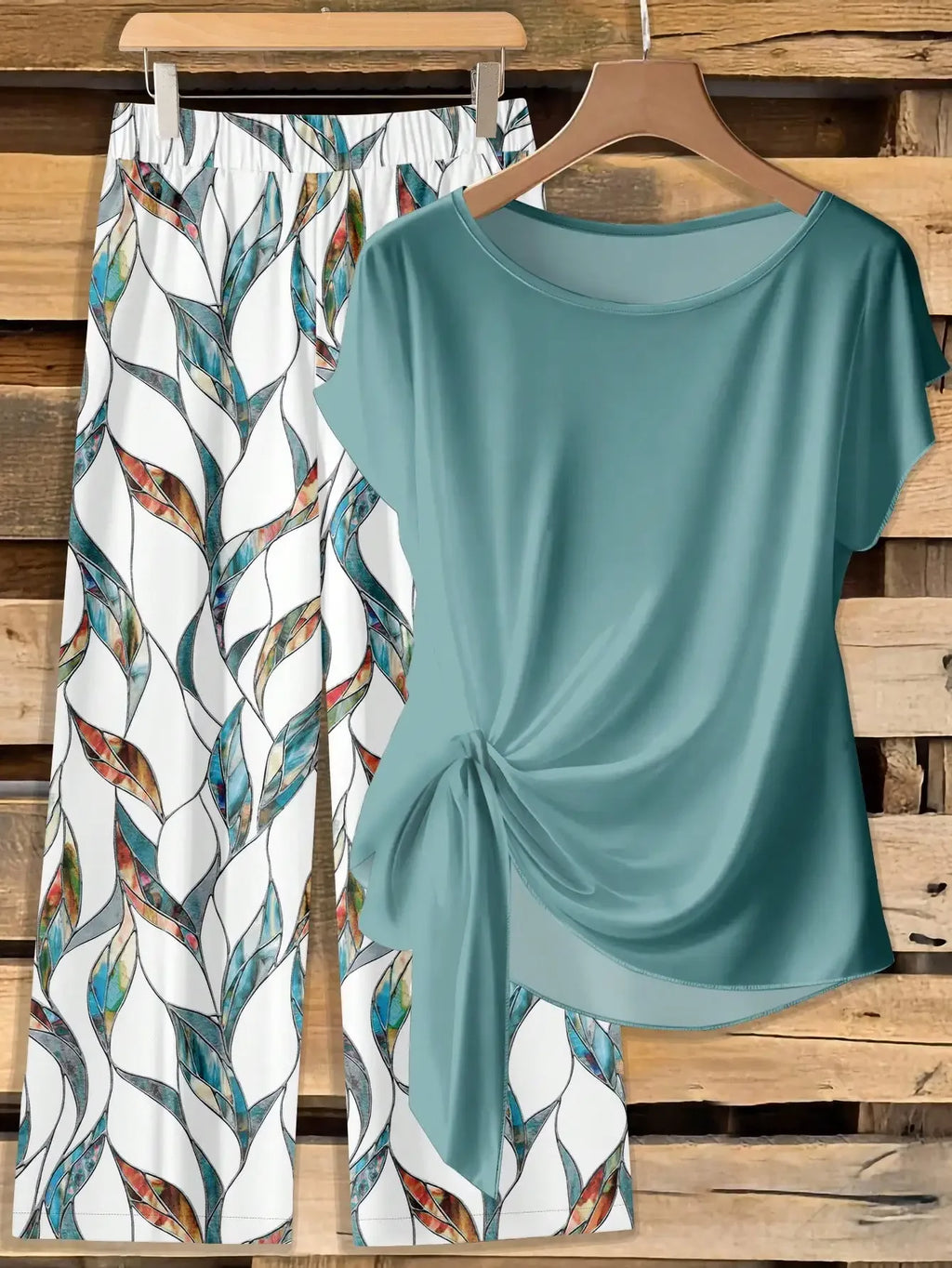 Window Geometric Print Pants Matched With Loose Tie Bow Blue Shirt, 2 Pieces Set Suitable For Spring/Summer VacationEV