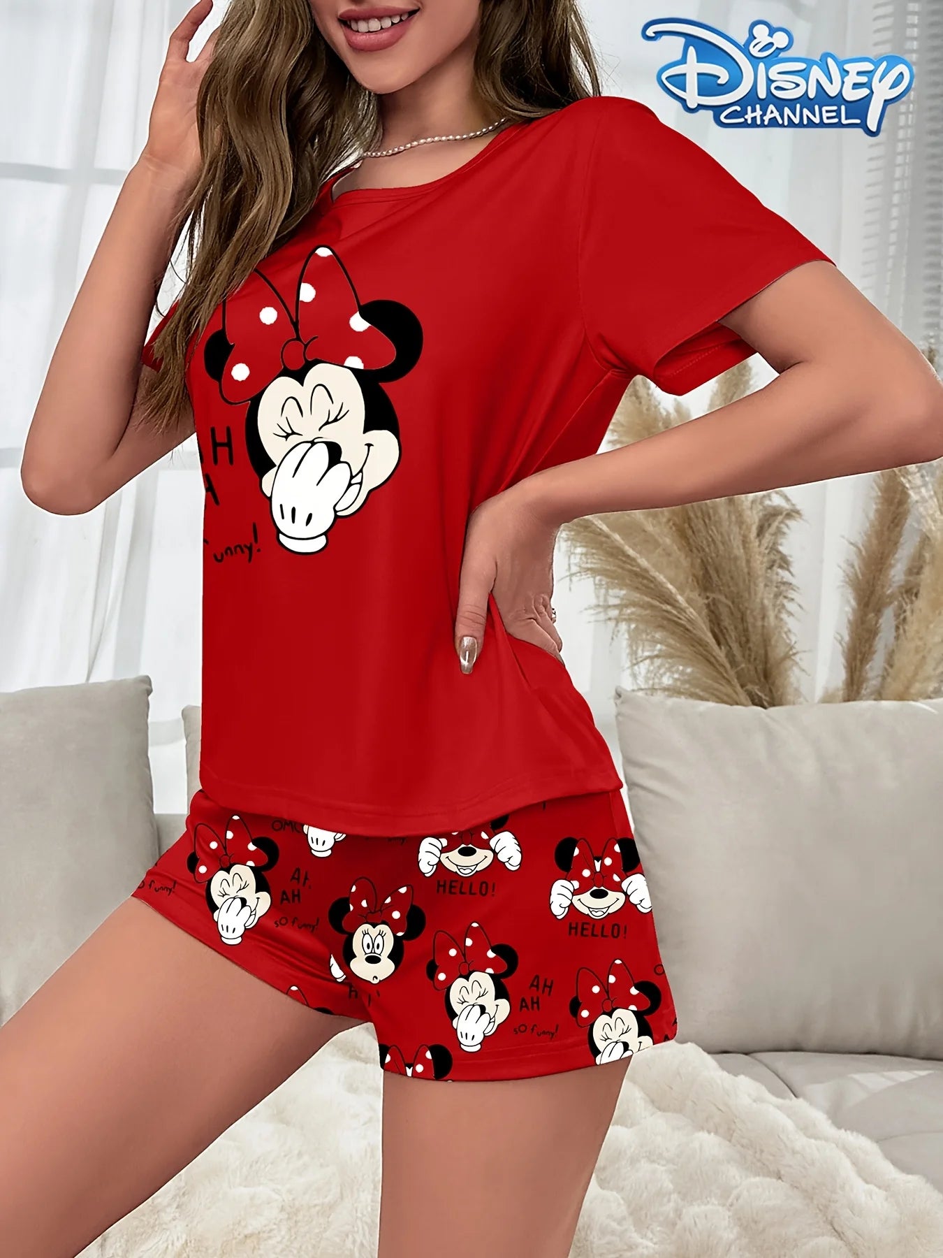 Women's pajama set with cute Disney Minnie prints, short-sleeved top and shorts, comfortable for home or outdoor wear