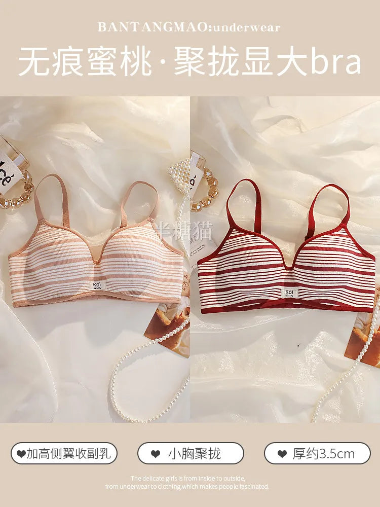 Modest Full Coverage Striped Push Up Bra for Women Small Chest Thick Padding Mastectomy Cup Anti Sagging Seamless Luxury Bra sAB