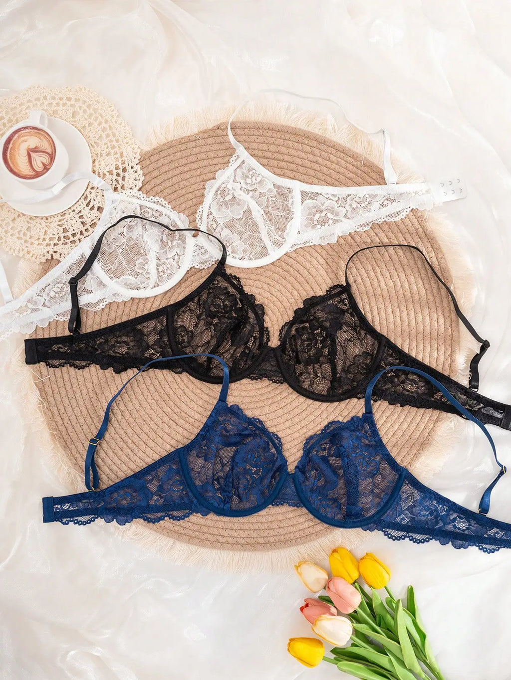 3-Pack Women's Lace Underwire Bras in White, Navy, Black - Thin Cup, Adjustable Straps