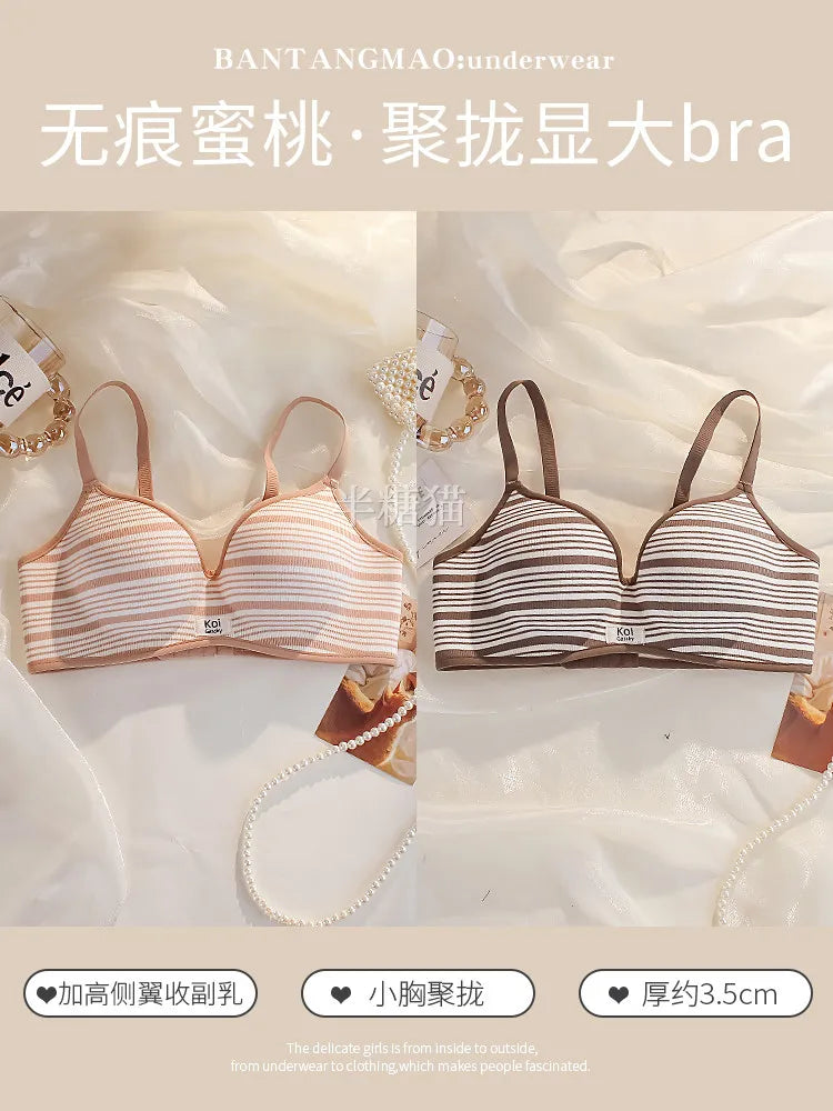 Modest Full Coverage Striped Push Up Bra for Women Small Chest Thick Padding Mastectomy Cup Anti Sagging Seamless Luxury Bra sAB