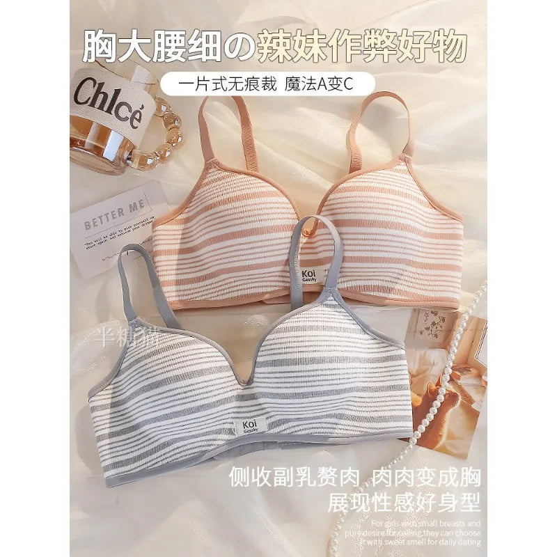 Modest Full Coverage Striped Push Up Bra for Women Small Chest Thick Padding Mastectomy Cup Anti Sagging Seamless Luxury Bra sAB
