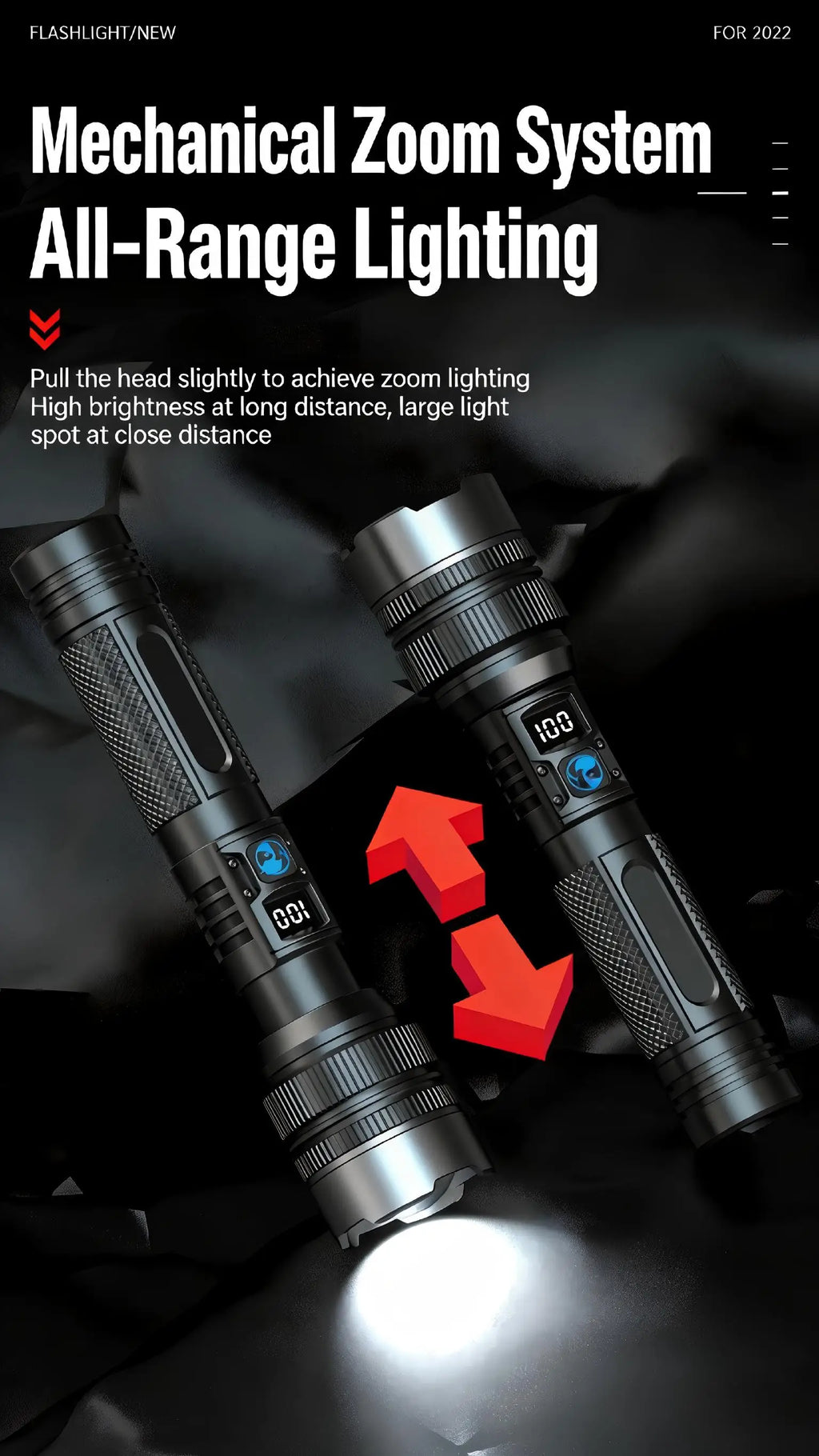 2-in-1 Rechargeable Power Bank Flashlight - Digital Battery Display, Zoomable IPX4 Waterproof for Camping Emergency
