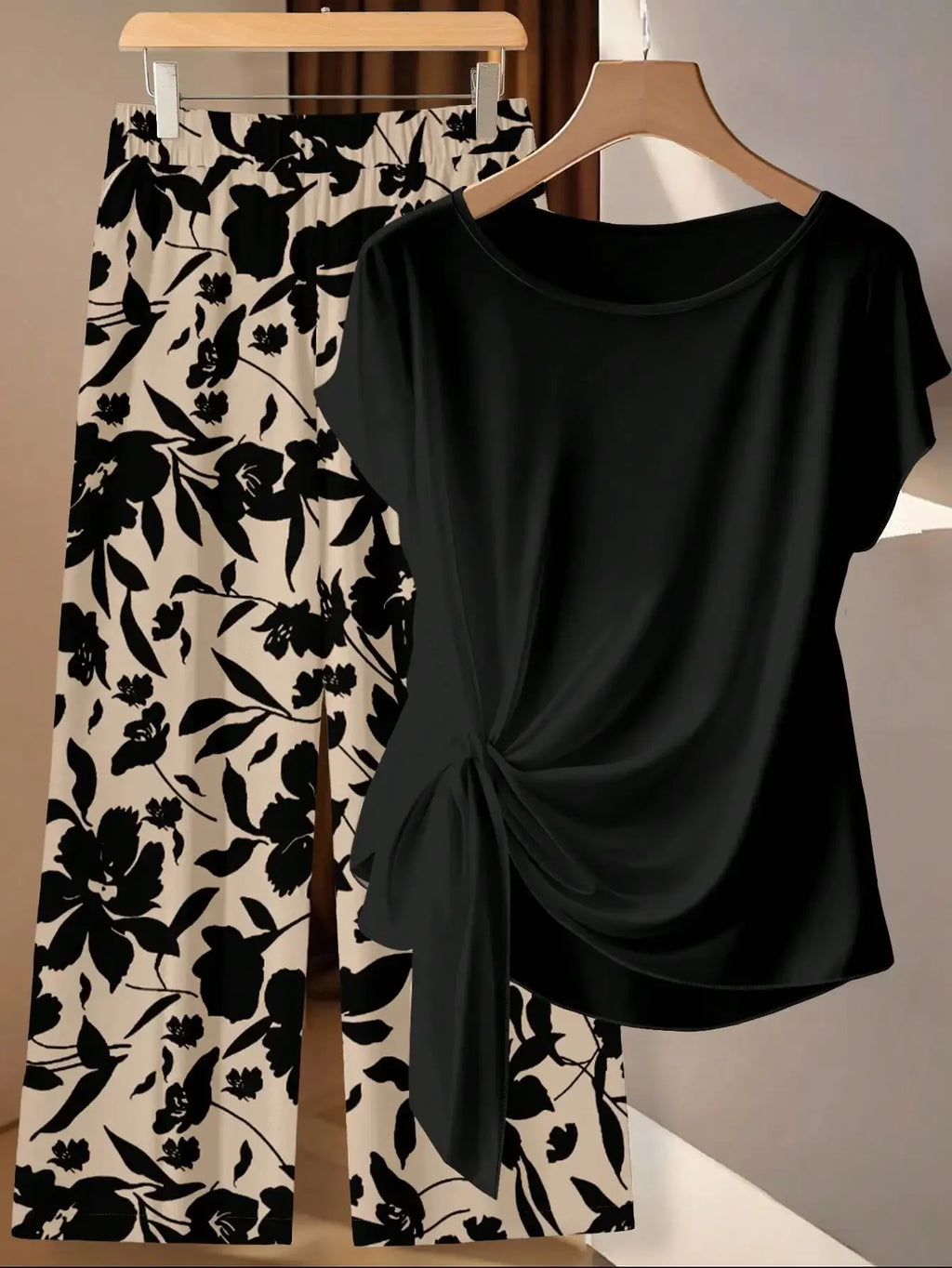 Window Geometric Print Pants Matched With Loose Tie Bow Blue Shirt, 2 Pieces Set Suitable For Spring/Summer VacationEV
