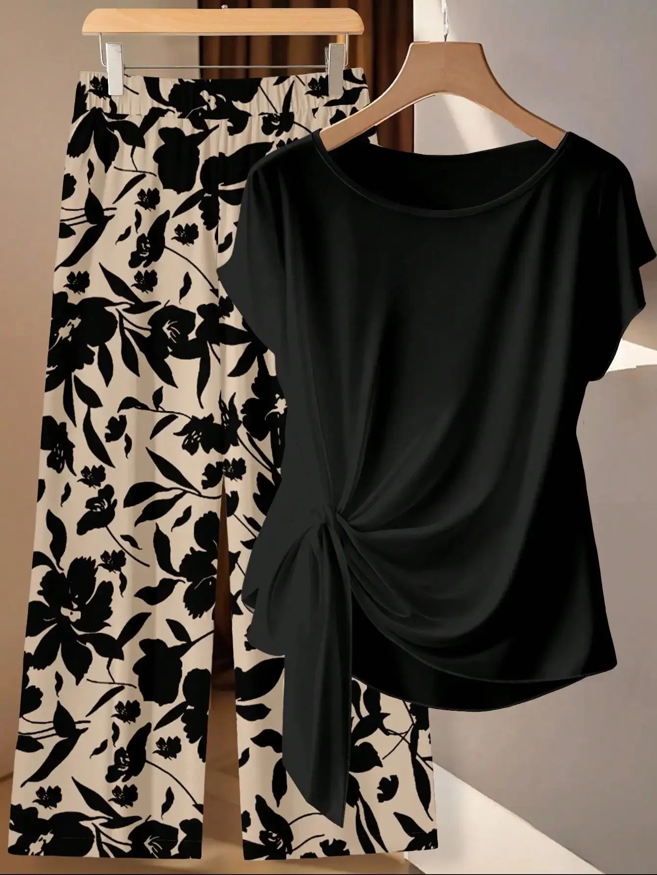 Window Geometric Print Pants Matched With Loose Tie Bow Blue Shirt, 2 Pieces Set Suitable For Spring/Summer VacationEV