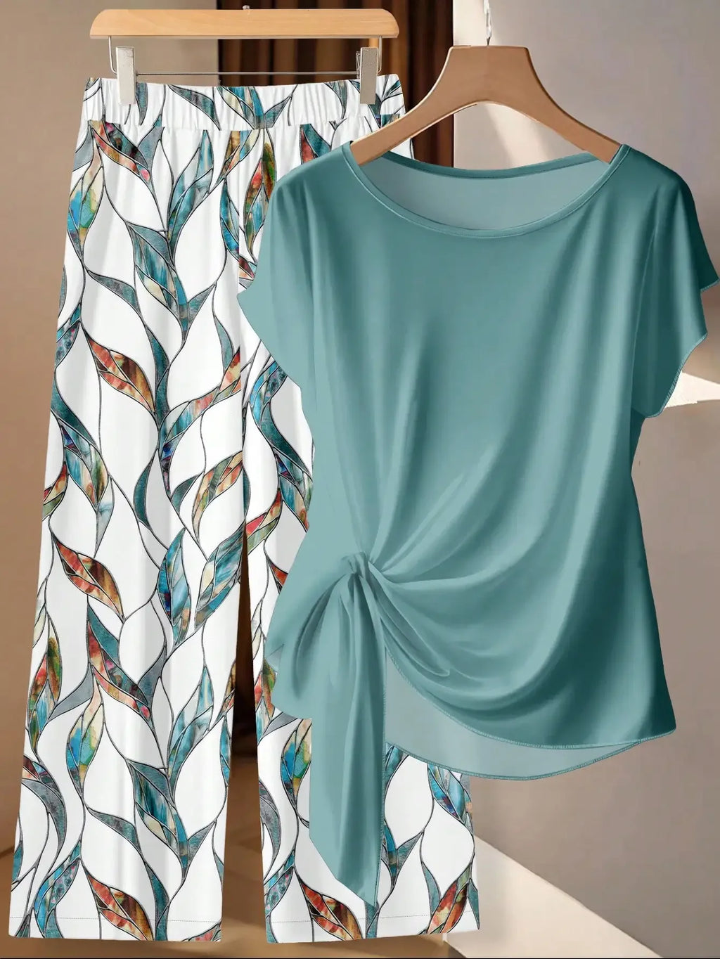 Window Geometric Print Pants Matched With Loose Tie Bow Blue Shirt, 2 Pieces Set Suitable For Spring/Summer VacationEV