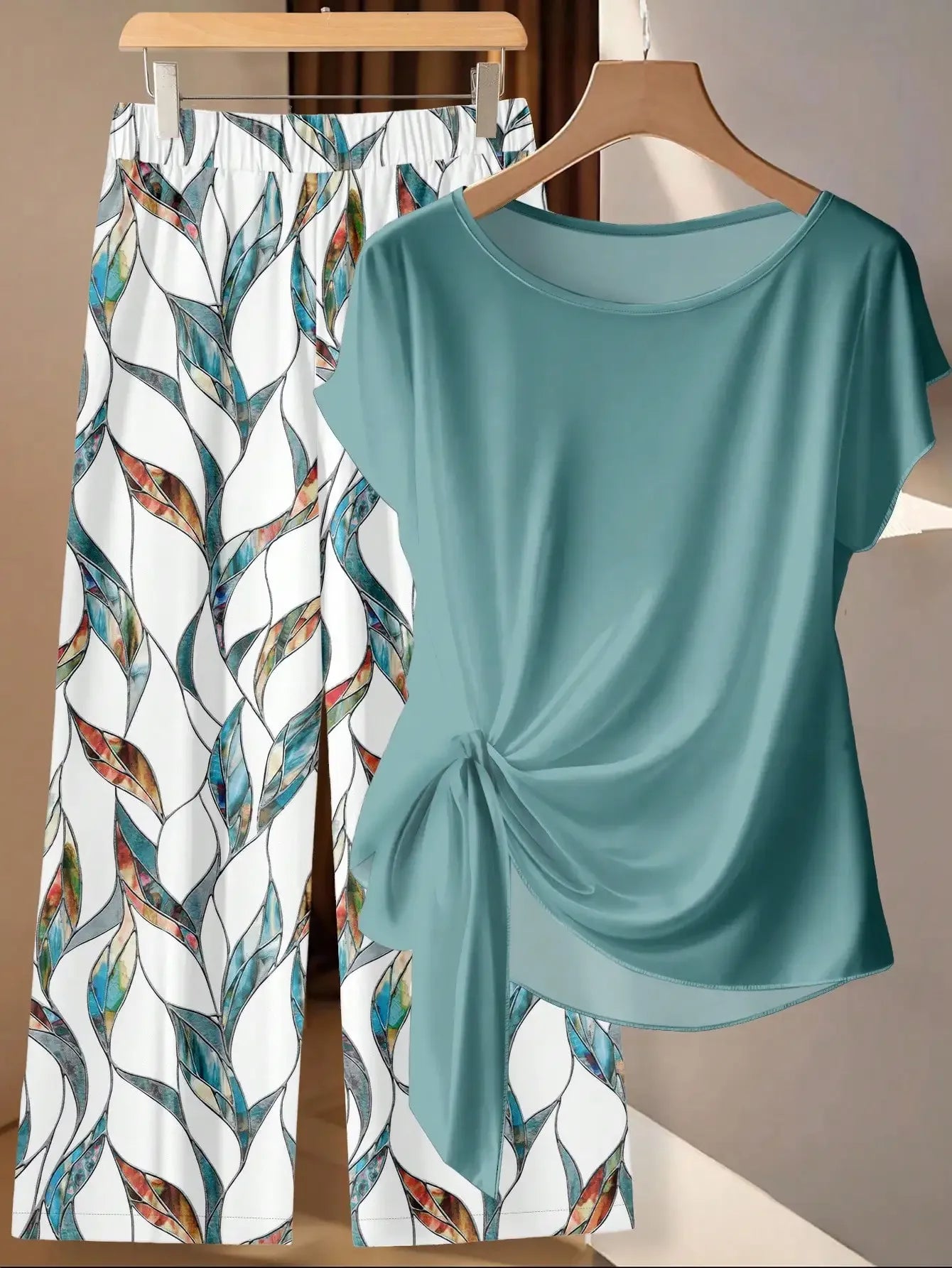 Window Geometric Print Pants Matched With Loose Tie Bow Blue Shirt, 2 Pieces Set Suitable For Spring/Summer VacationEV