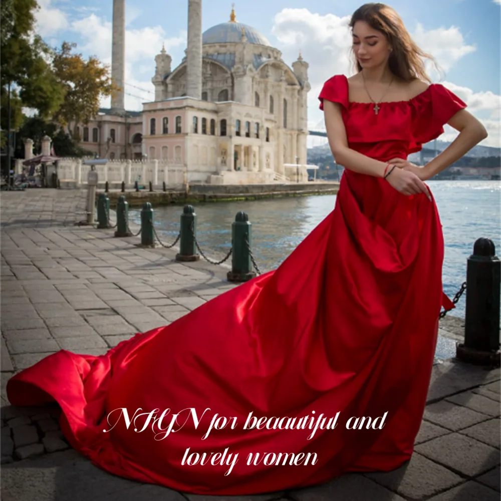 NFYN Simple Red Elegant Formal Gowns Satin Off the Shoulder Prom Dress A-Line with Pleated Evening Dress حزب فساتين Customized