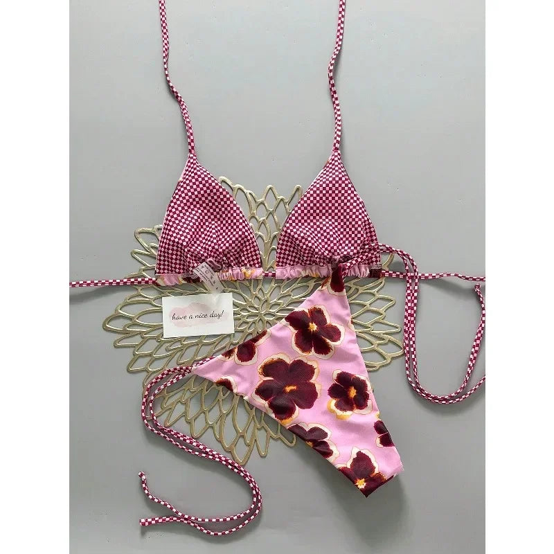 Vintage floral checked print women's bikini swimwear, suitable for spring and summer vacation beaches, poolsiv