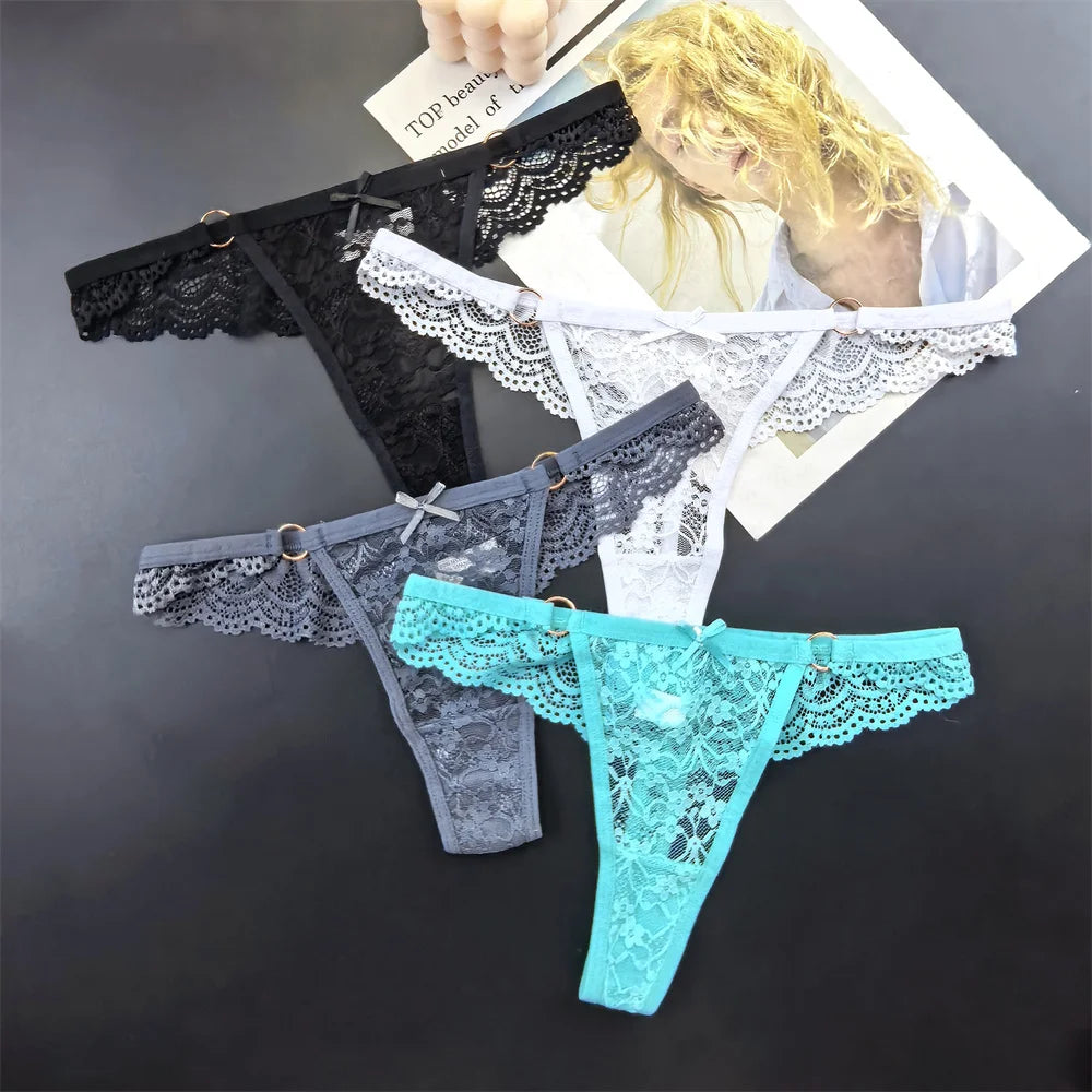 4Pcs Sexy Lace Thong Panties Women Low Rise Transparent Lingerie Set Plus Size