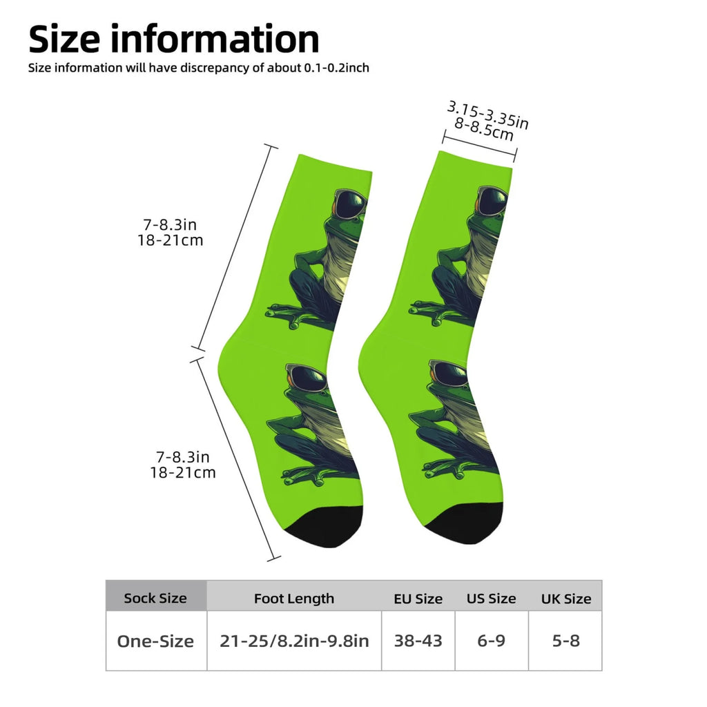 Eye-Catching Frog Socks Neon Green with Cool Sunglasses Print Funny Comfortable Crew Socks Novelty Gift for Teens Adults