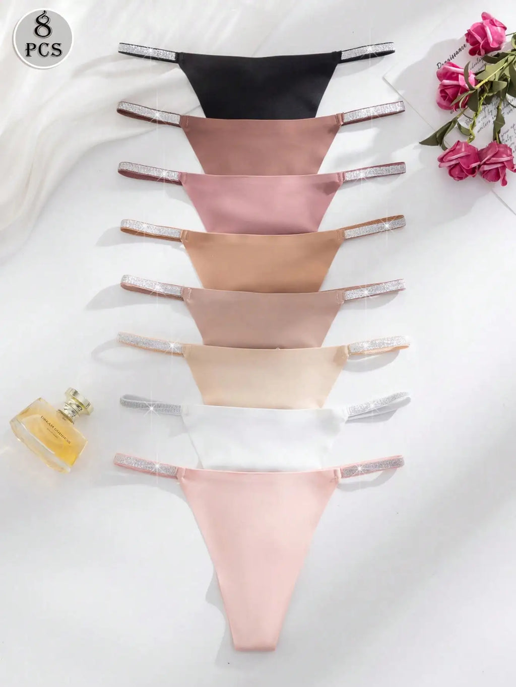 8pcs Multicolor Seamless Thong Panties with Heart Rhinestone Waistband