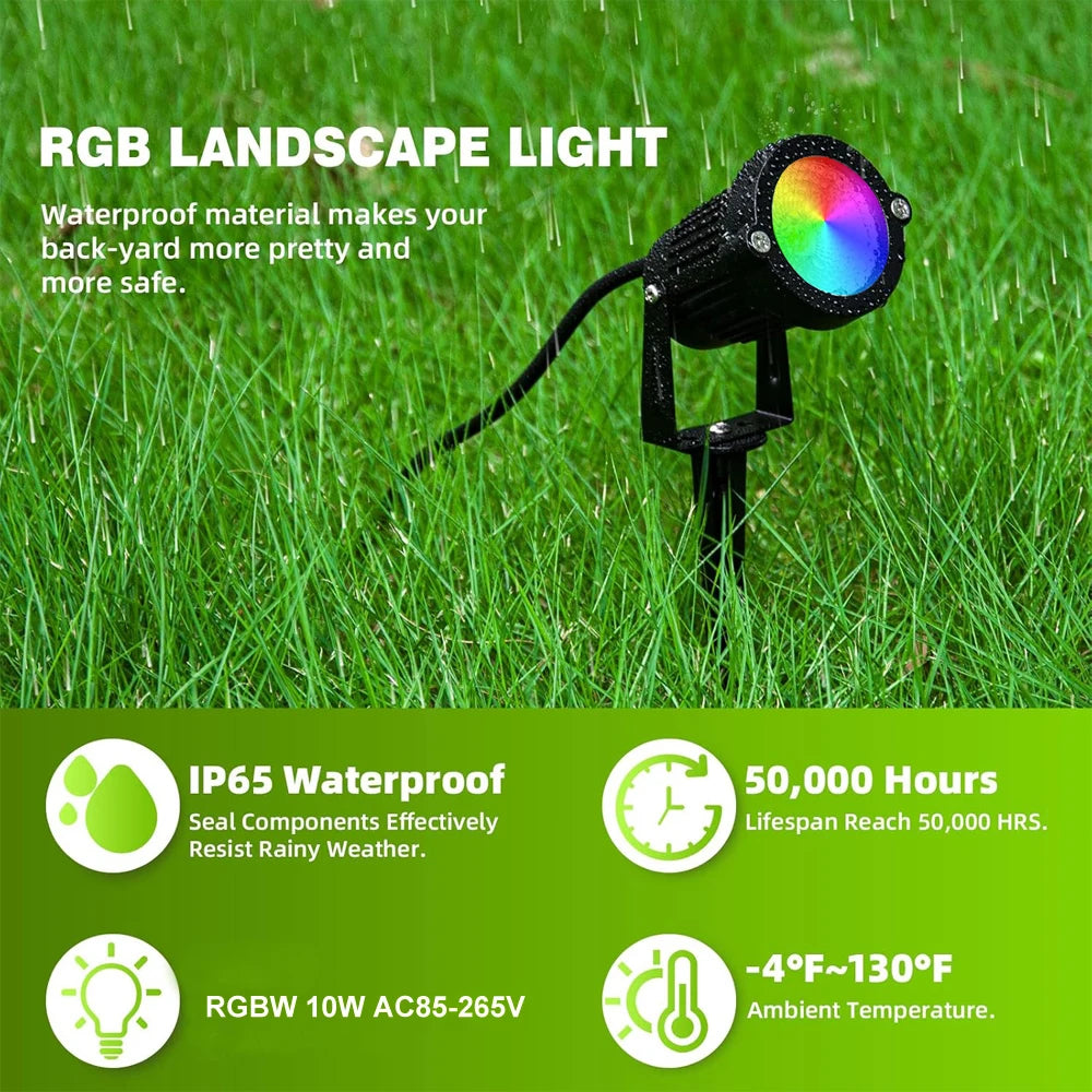 RGBW Landscape Lighting 10W with Remote Spotlight 110V 220V IP65 Waterproof for Yard Tree Lawn Garden Outdoor Christmas Light