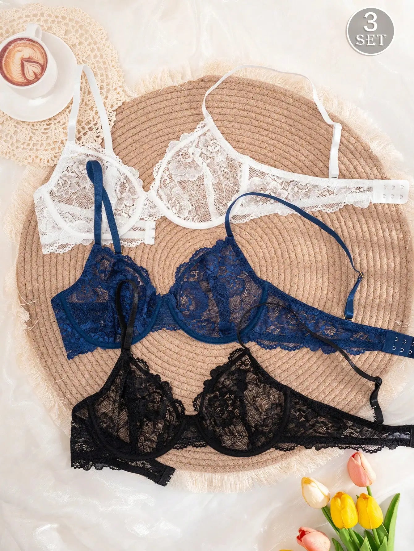 3-Pack Women's Lace Underwire Bras in White, Navy, Black - Thin Cup, Adjustable Straps