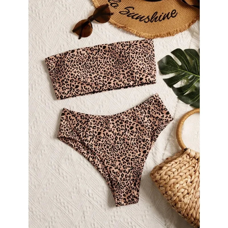2026 new summer beach leopard print tube top high waist bikini suit suitable for beach swimmingknv