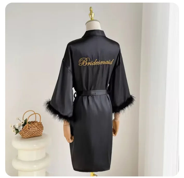 Wedding Bride Bridesmaid Robe Satin Kimono Intimate Lingerie Lady Sexy Feather Sleeve Bathrobe Nightgown Short Sleepwear Onesize