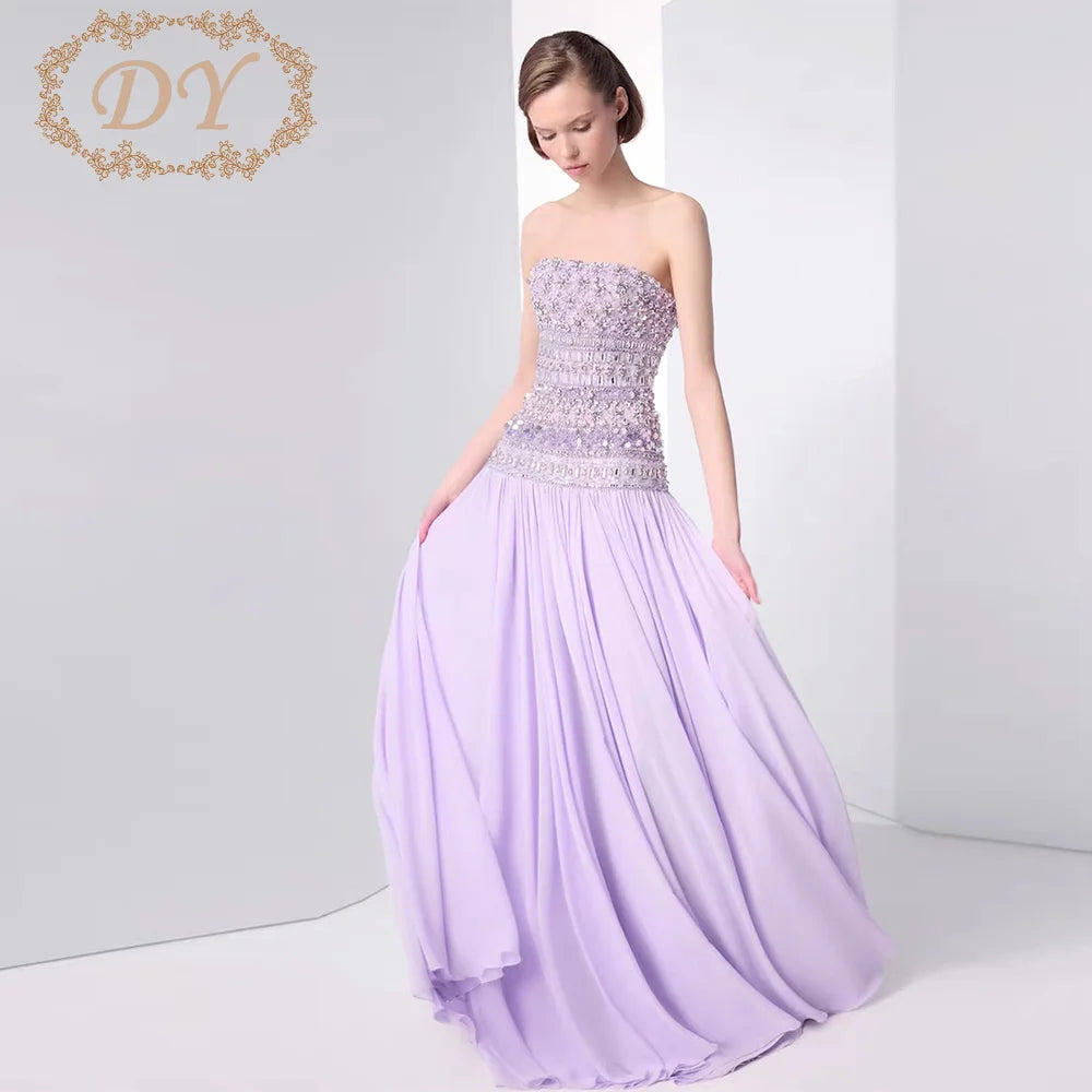 DY Luxury Strapless Lilac Beaded Bodice Evening Dress with Flowing Skirt Chiffon Dubai Wedding Party Gown 2026 Customized