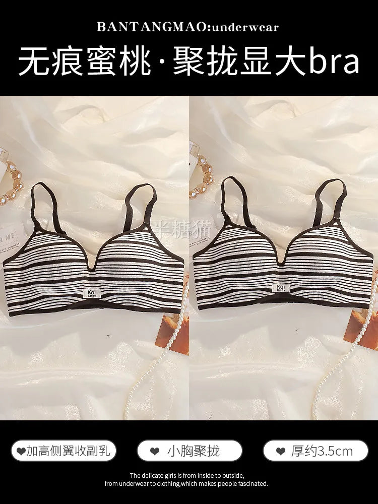 Modest Full Coverage Striped Push Up Bra for Women Small Chest Thick Padding Mastectomy Cup Anti Sagging Seamless Luxury Bra sAB