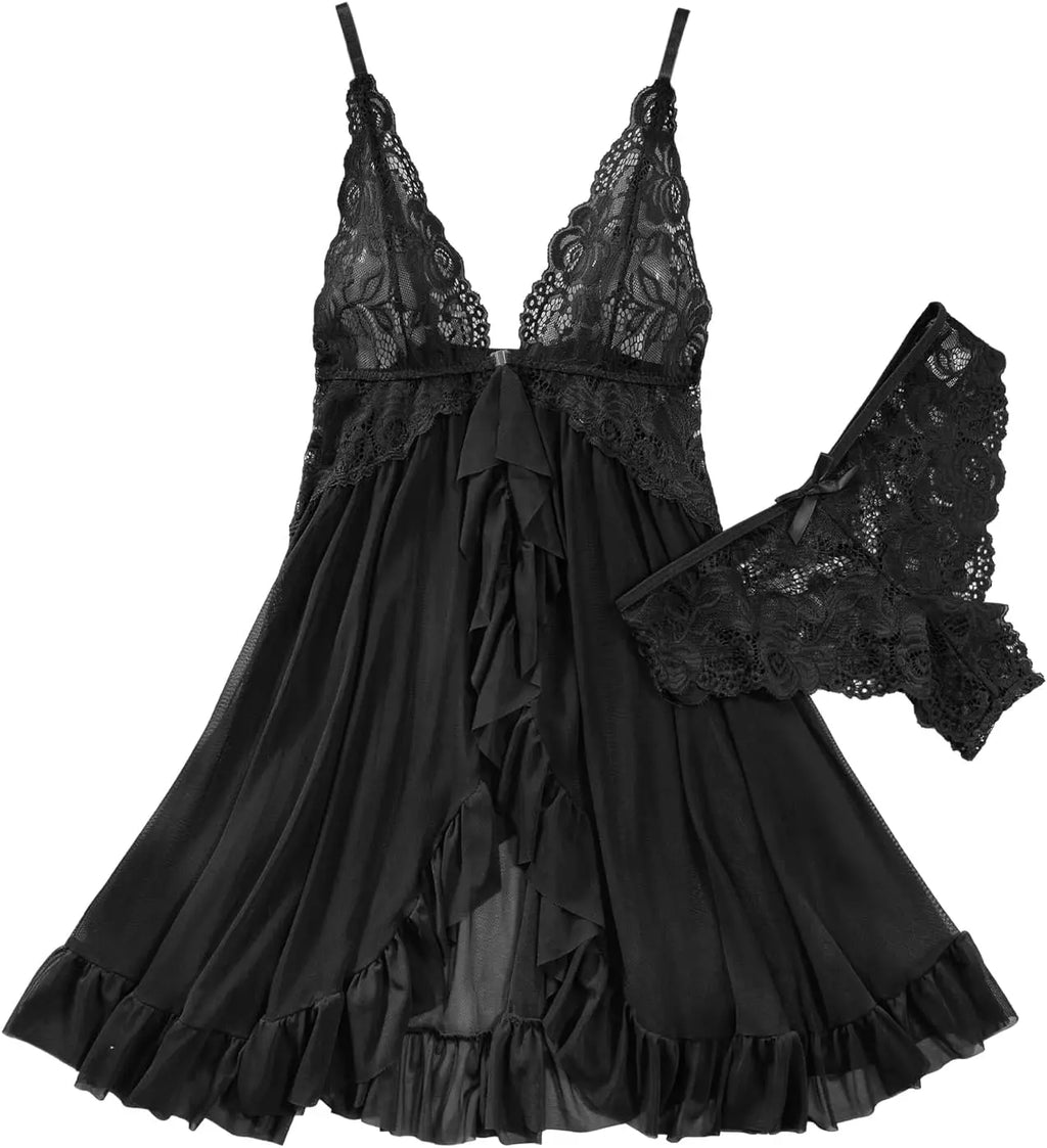 Sexy Open Front Closure Floral Lace Mesh Sheer Babydoll Lingerie Dress with Thong 2 Piece