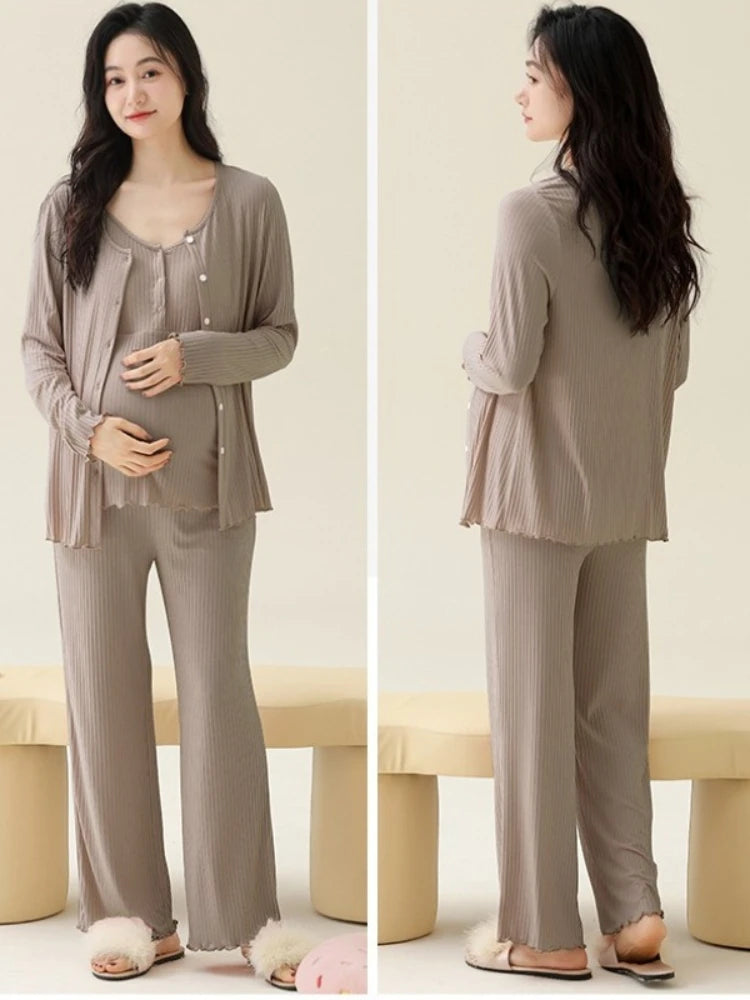 Modal Maternity Nursing Robe Set 3 Piece Postpartum Breastfeeding Pajamas with Chest Pads Hospital Labor Delivery Pregnancy Pjs