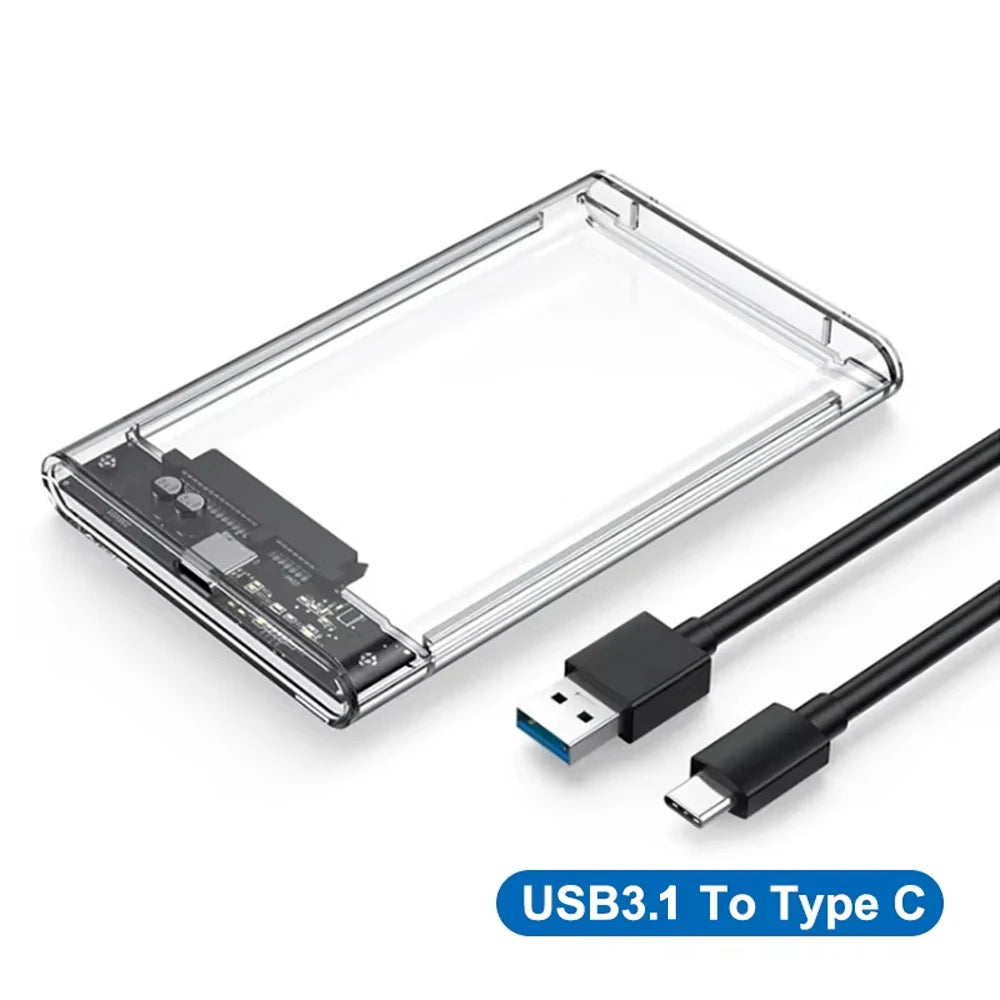 HDD Enclosure 2.5 SATA SSD External Hard Drive Case with 5Gbps USB 3.0 To Type C Transfer Speed Clear Harddisk Boxs Tool-Free