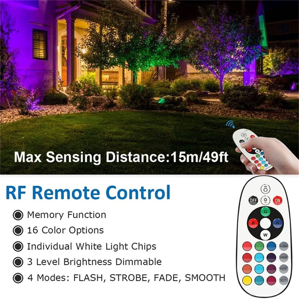 RGBW Landscape Lighting 10W with Remote Spotlight 110V 220V IP65 Waterproof for Yard Tree Lawn Garden Outdoor Christmas Light