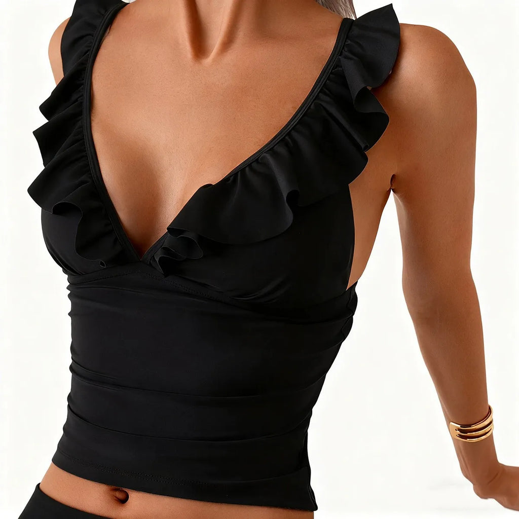 Sexy Women Lingerie Bikini Crop Top Ruffle Bikinis V Neck Strap Back Swimsuit Solid Black Two Piece Swimsuit