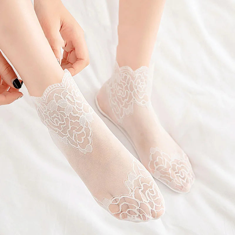 5Pairs Women's Floral Lace Socks Transparent Lolita Invisible Summer Breathable Invisible Crew Sock Summer Lolita Thin Ankle Sox