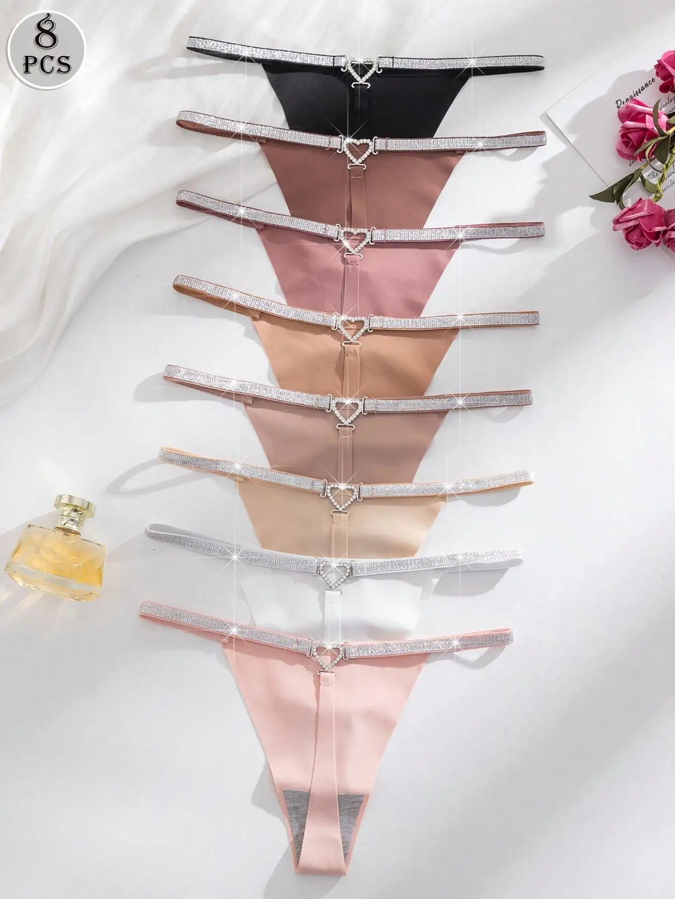 8pcs Multicolor Seamless Thong Panties with Heart Rhinestone Waistband