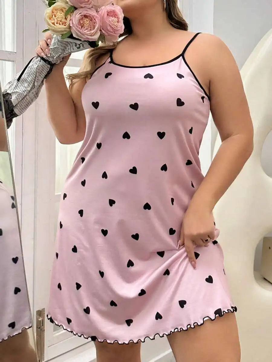 Plus Size Pink Heart Print Camisole Nightgown with Black Trim and Ruffled Hem