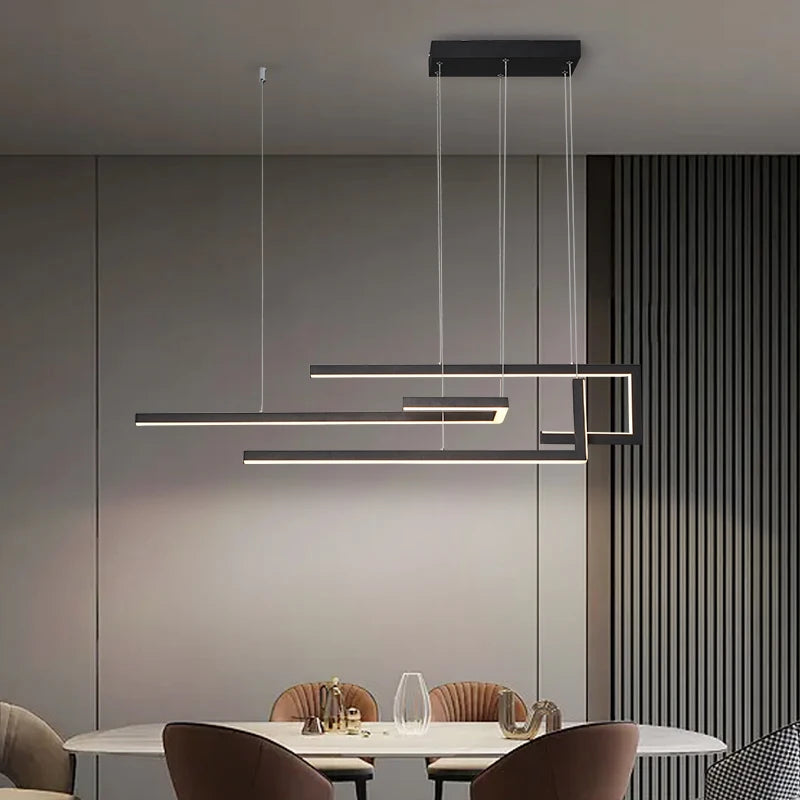 Modern Black Rectangle LED Pendant Lamp Dining Room Kitchen Bar Living Room Bedroom Dimmable Dining Table Lighting Chandelier