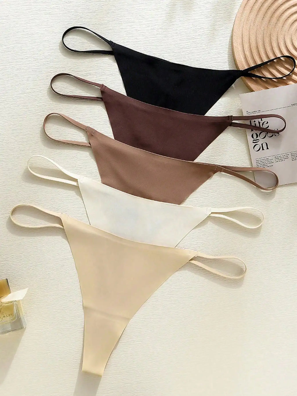 5-Pack Women's Low-Rise Strappy G-String Thongs with Gold Accent