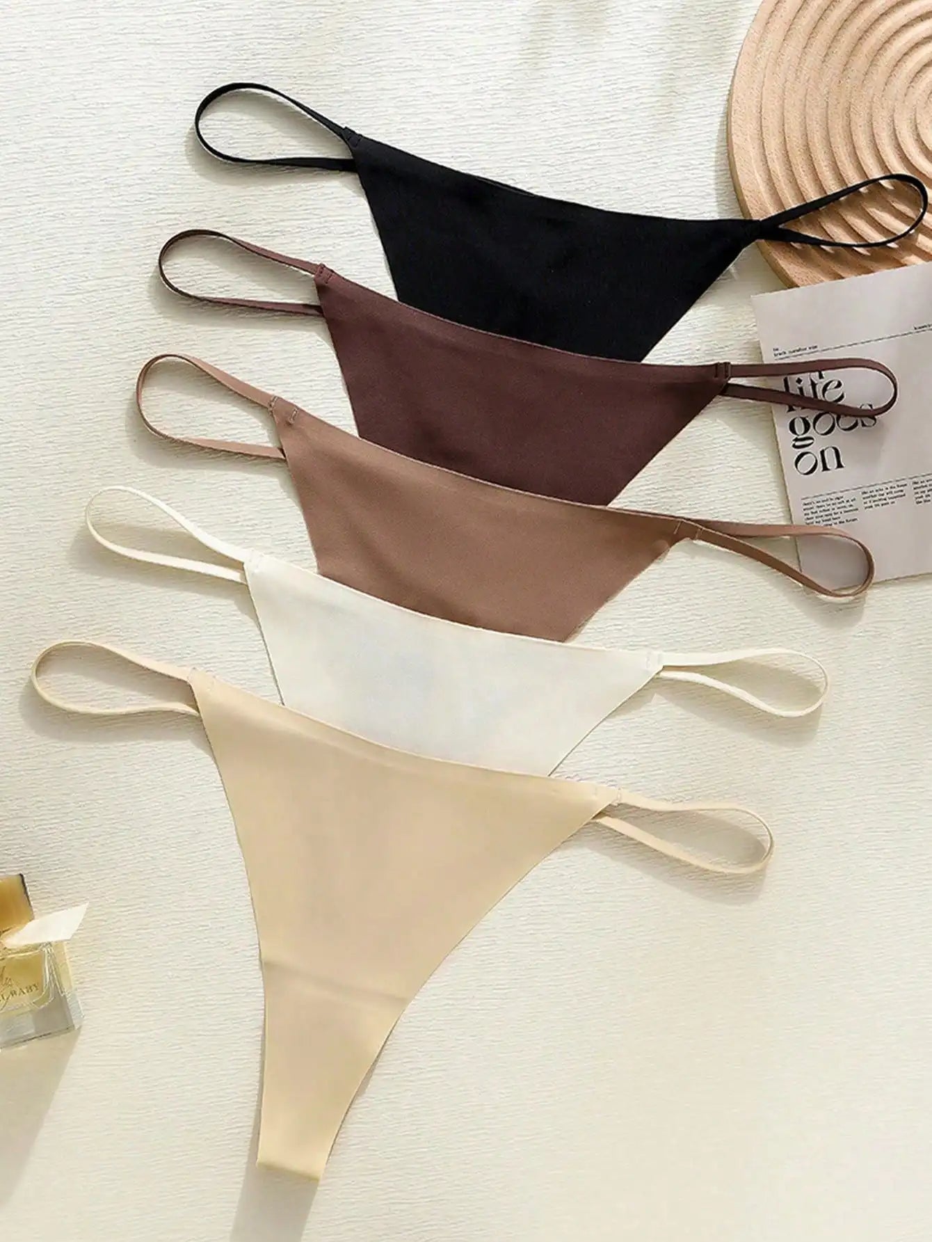 5-Pack Women's Low-Rise Strappy G-String Thongs with Gold Accent