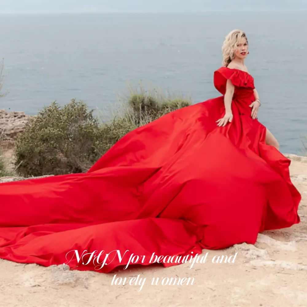 NFYN Simple Red Elegant Formal Gowns Satin Off the Shoulder Prom Dress A-Line with Pleated Evening Dress حزب فساتين Customized