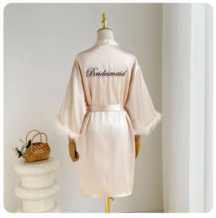 Wedding Bride Bridesmaid Robe Satin Kimono Intimate Lingerie Lady Sexy Feather Sleeve Bathrobe Nightgown Short Sleepwear Onesize