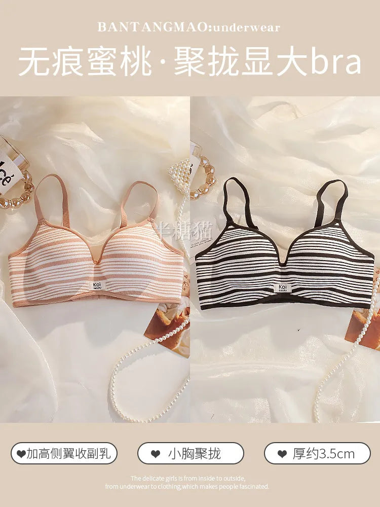 Modest Full Coverage Striped Push Up Bra for Women Small Chest Thick Padding Mastectomy Cup Anti Sagging Seamless Luxury Bra sAB