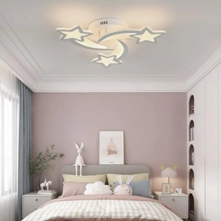 room Ceiling Light, 3 Light Mode 3000K/4500K/6000K White Acrylic Close to Ceiling Light Fixtures, Stars Cartoon Flush Mount Cei