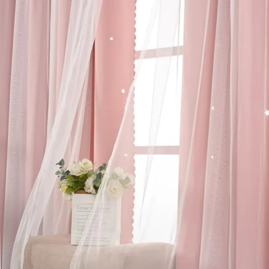 Curtains Blackout for Girls Room - Aesthetic Star Cutout Double Layer with White Sheer Overlay, 63 Inch Length 2 Panels Cute Cu