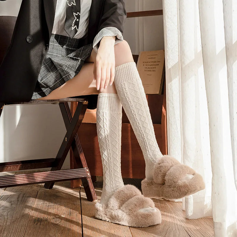 Autumn Winter Japanese Retro Cream White Wool Twisted Anti-Slip Calf Socks Beige Slimming Versatile Mid-Calf Socks