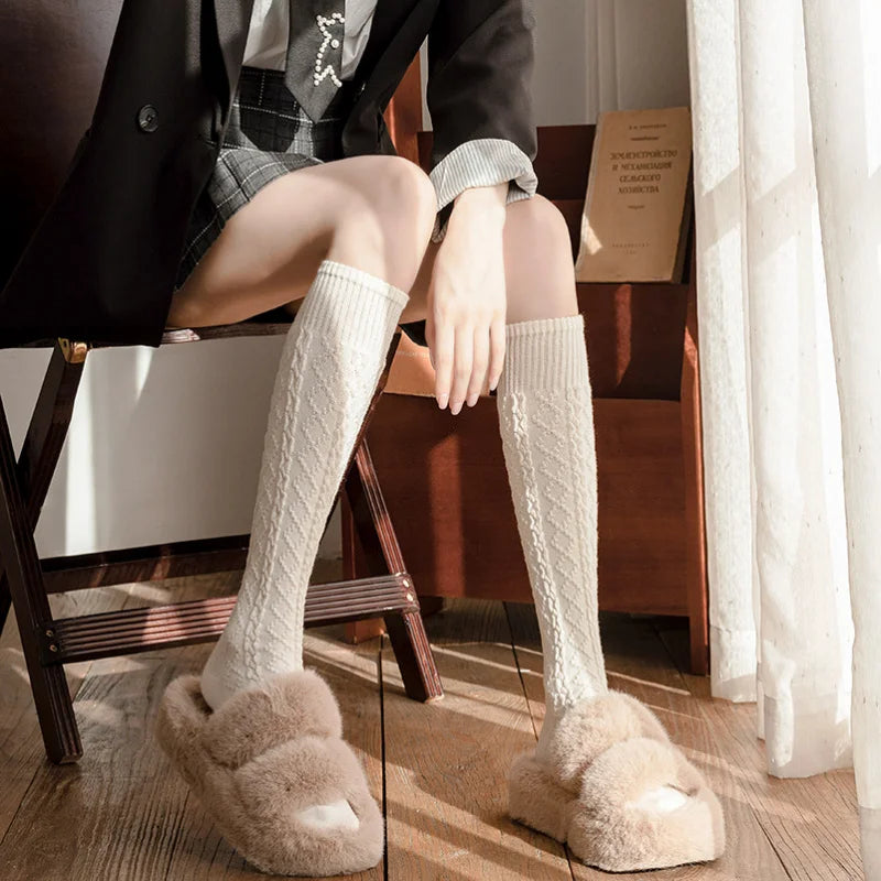 Autumn Winter Japanese Retro Cream White Wool Twisted Anti-Slip Calf Socks Beige Slimming Versatile Mid-Calf Socks