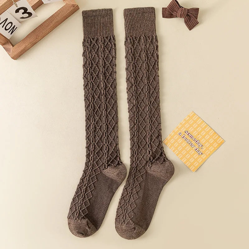 Autumn Winter Japanese Retro Cream White Wool Twisted Anti-Slip Calf Socks Beige Slimming Versatile Mid-Calf Socks
