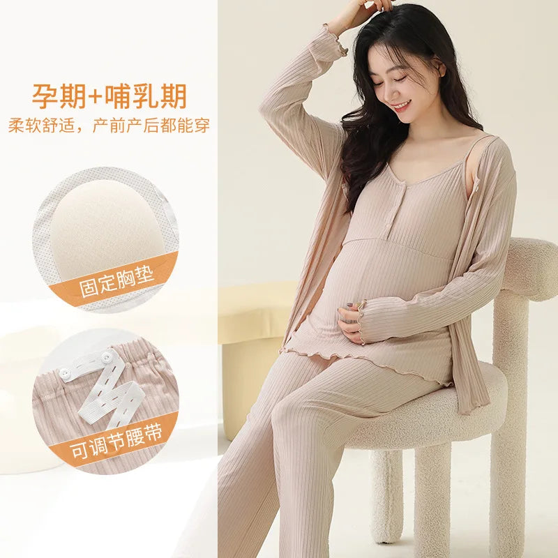 Modal Maternity Nursing Robe Set 3 Piece Postpartum Breastfeeding Pajamas with Chest Pads Hospital Labor Delivery Pregnancy Pjs