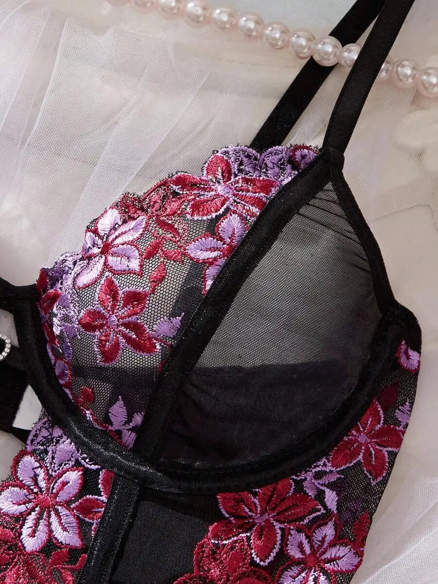 Floral Embroidered Mesh Bodysuit with Sheer Panels and Adjustable Straps