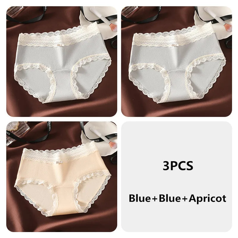 3PCS Women's Panties French Lace Mid-rise Panties Sexy Breathable Pure Cotton Underwear Soft Comfortable Briefs Intimates