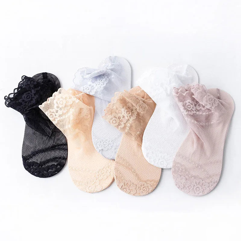 5Pairs Women's Floral Lace Socks Transparent Lolita Invisible Summer Breathable Invisible Crew Sock Summer Lolita Thin Ankle Sox