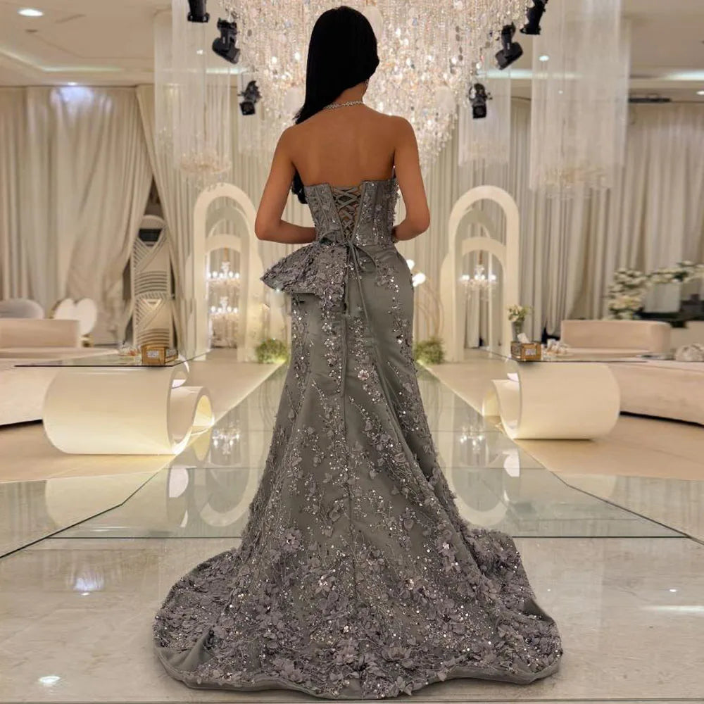 Customized Grey Mermaid Corset Dresses Strapless Floral Lace Formal Evening Gown Ruffles Sweep Train vestidos de piedra