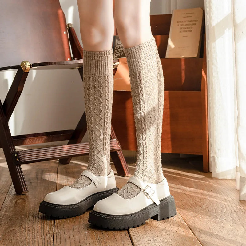 Autumn Winter Japanese Retro Cream White Wool Twisted Anti-Slip Calf Socks Beige Slimming Versatile Mid-Calf Socks