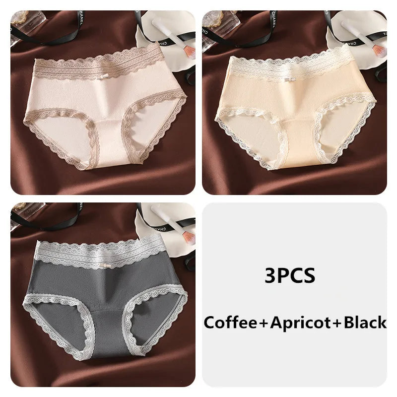 3PCS Women's Panties French Lace Mid-rise Panties Sexy Breathable Pure Cotton Underwear Soft Comfortable Briefs Intimates